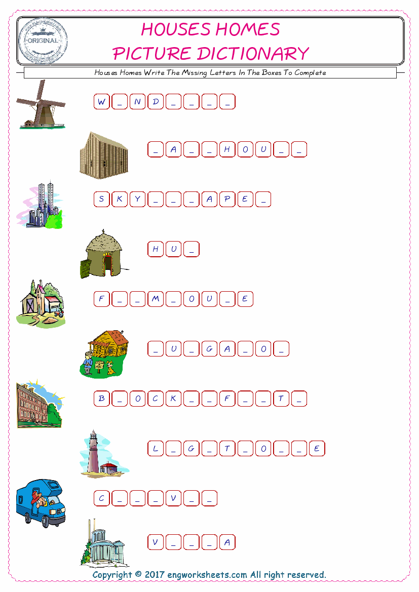  Type in the blank and learn the missing letters in the Houses Homes words given for kids English worksheet. 